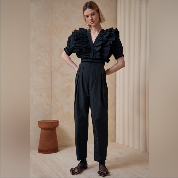 NWT HUNTER BELL Onyx Black Elva Ruffle Velvet Trim Jumpsuit Sz 4 - Picture 1 of 16